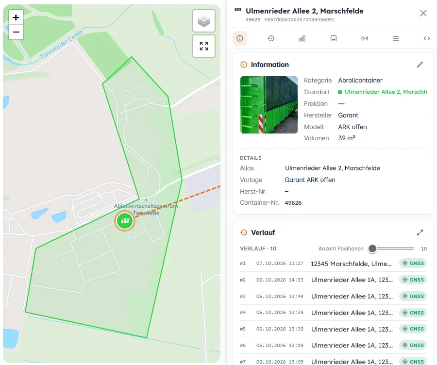 Location history and geofence of a roll-off container in the adhoc platform